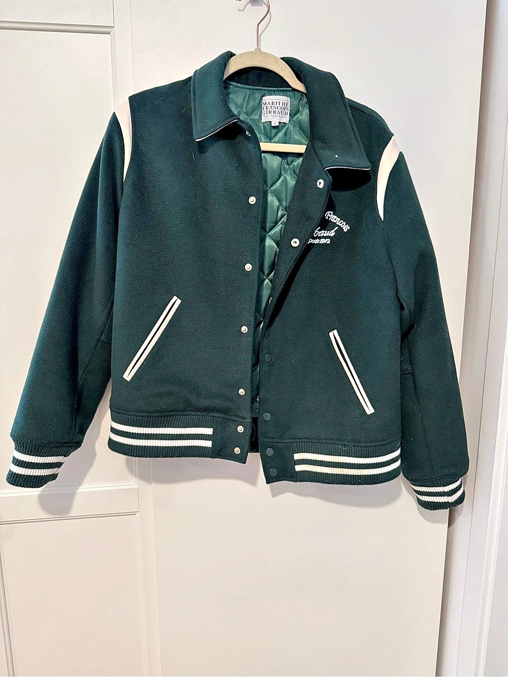 Marithé François Girbaud Chain Logo Varsity Jacket Green & White Small